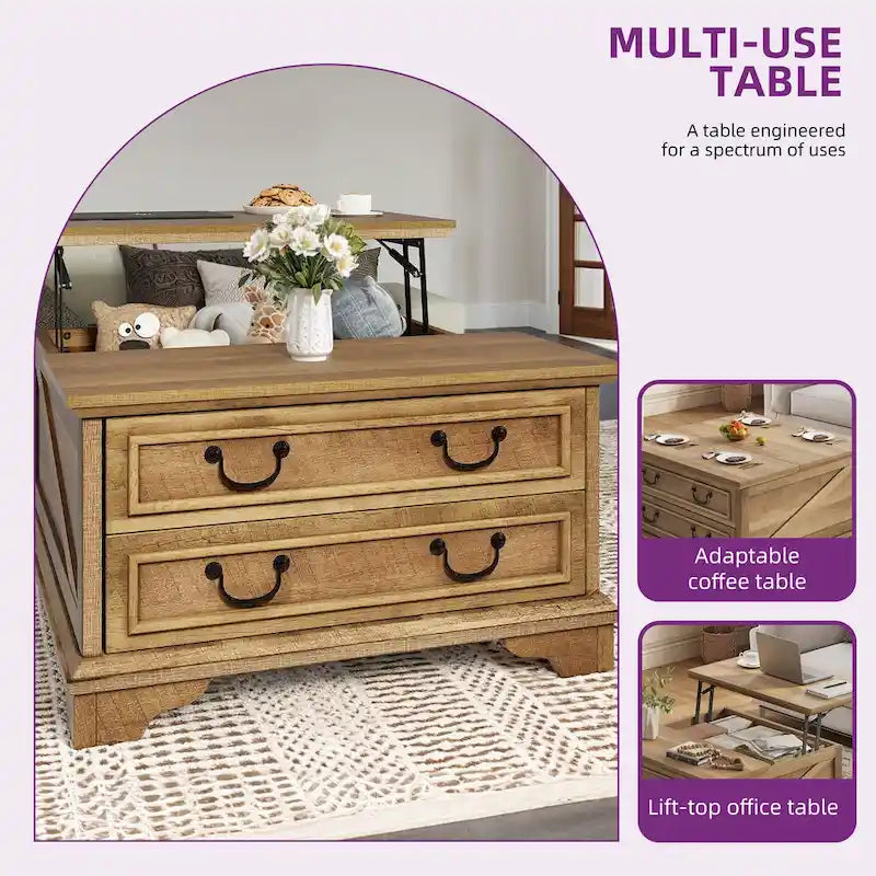 Table basse relevable de style ferme, carrée, en bois, avec rangement et 2 tiroirs
