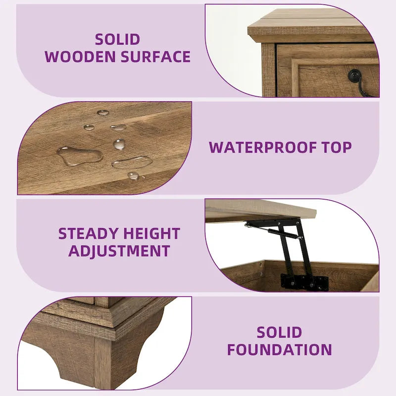 Table basse relevable de style ferme, carrée, en bois, avec rangement et 2 tiroirs