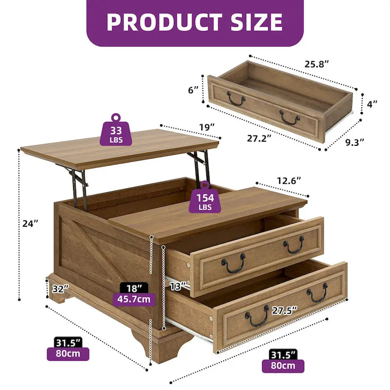 Table basse relevable de style ferme, carrée, en bois, avec rangement et 2 tiroirs
