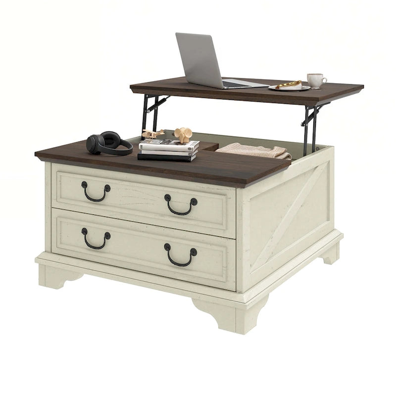 Table basse relevable de style ferme, carrée, en bois, avec rangement et 2 tiroirs