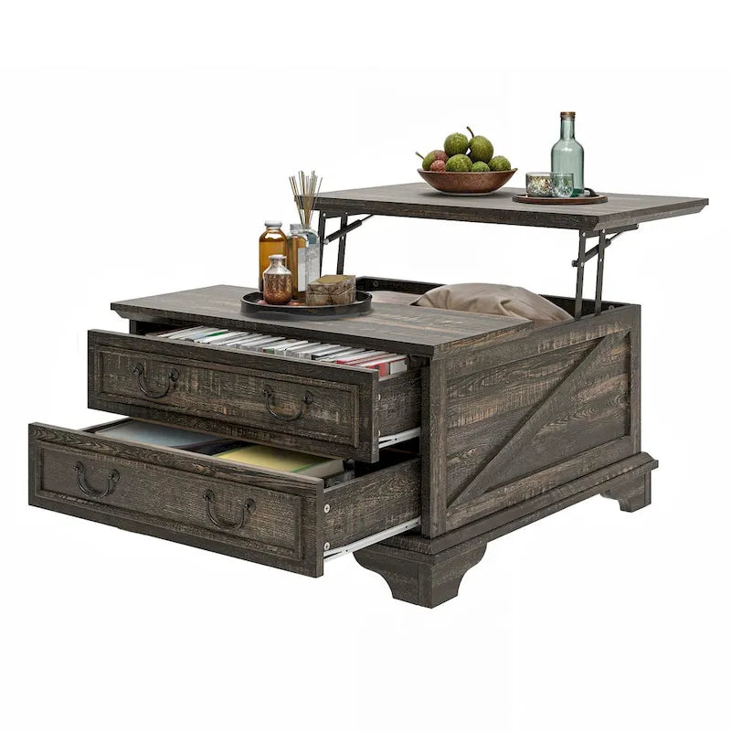 Table basse relevable de style ferme, carrée, en bois, avec rangement et 2 tiroirs