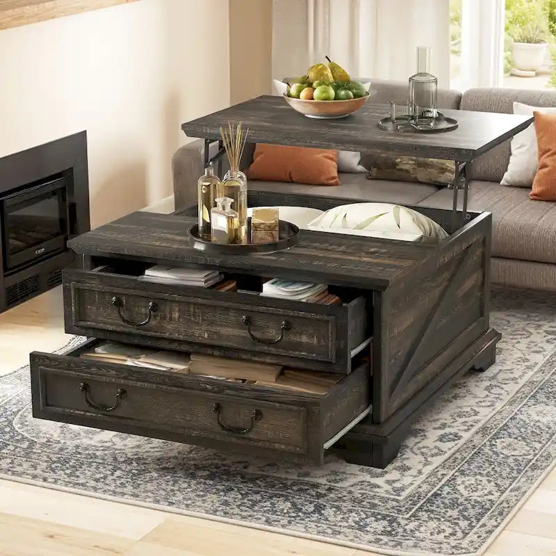 Table basse relevable de style ferme, carrée, en bois, avec rangement et 2 tiroirs