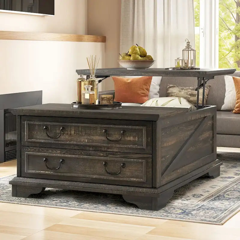 Table basse relevable de style ferme, carrée, en bois, avec rangement et 2 tiroirs