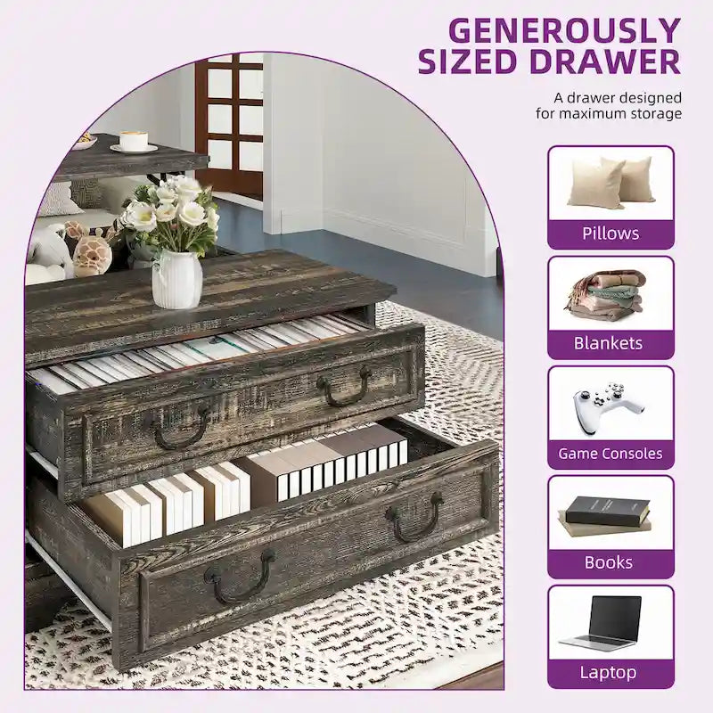 Table basse relevable de style ferme, carrée, en bois, avec rangement et 2 tiroirs