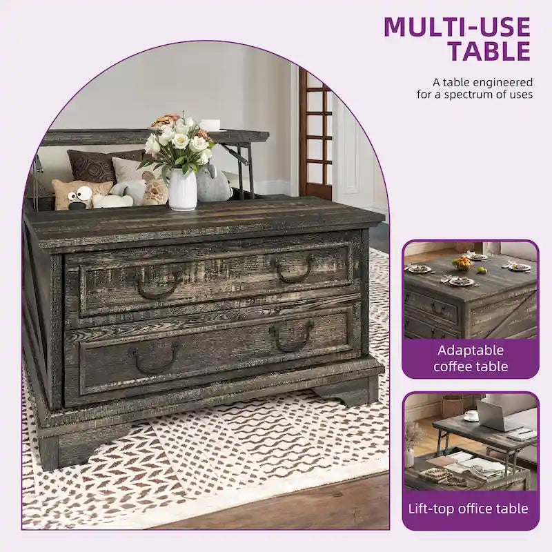 Table basse relevable de style ferme, carrée, en bois, avec rangement et 2 tiroirs