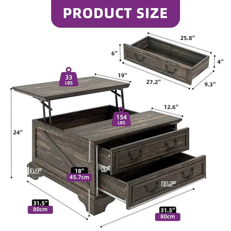 Table basse relevable de style ferme, carrée, en bois, avec rangement et 2 tiroirs