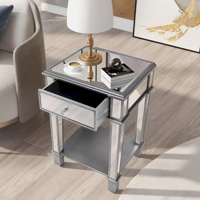 Table de chevet miroir en verre argenté avec tiroir