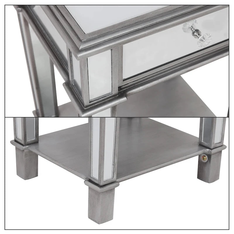 Table de chevet miroir en verre argenté avec tiroir