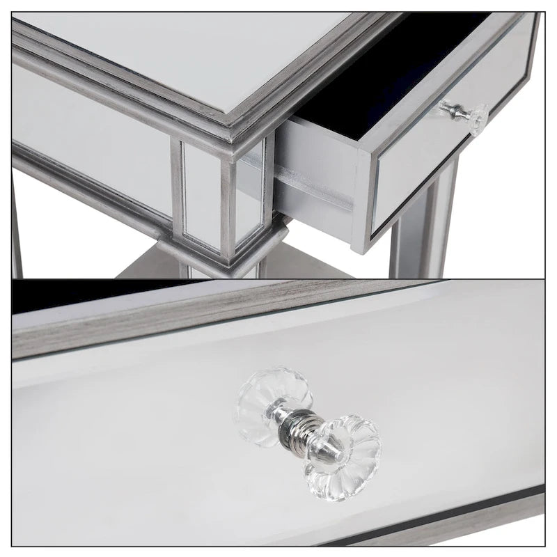 Table de chevet miroir en verre argenté avec tiroir
