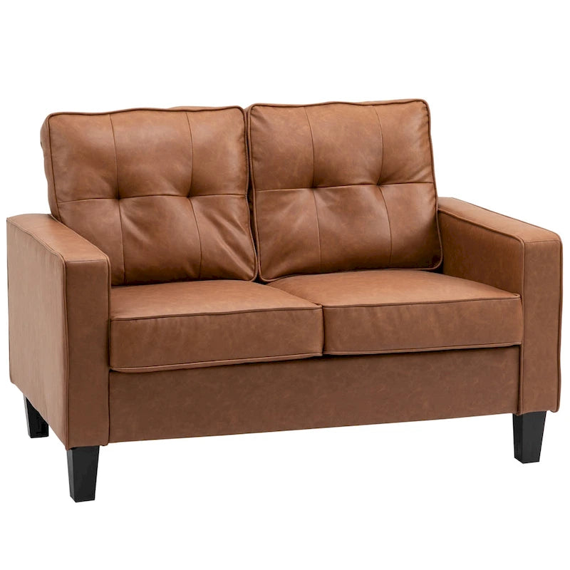 Canapé double large de 51 po avec accoudoir, 2 places, en similicuir capitonné, coussin rembourré en mousse à ressorts ensachés, marron