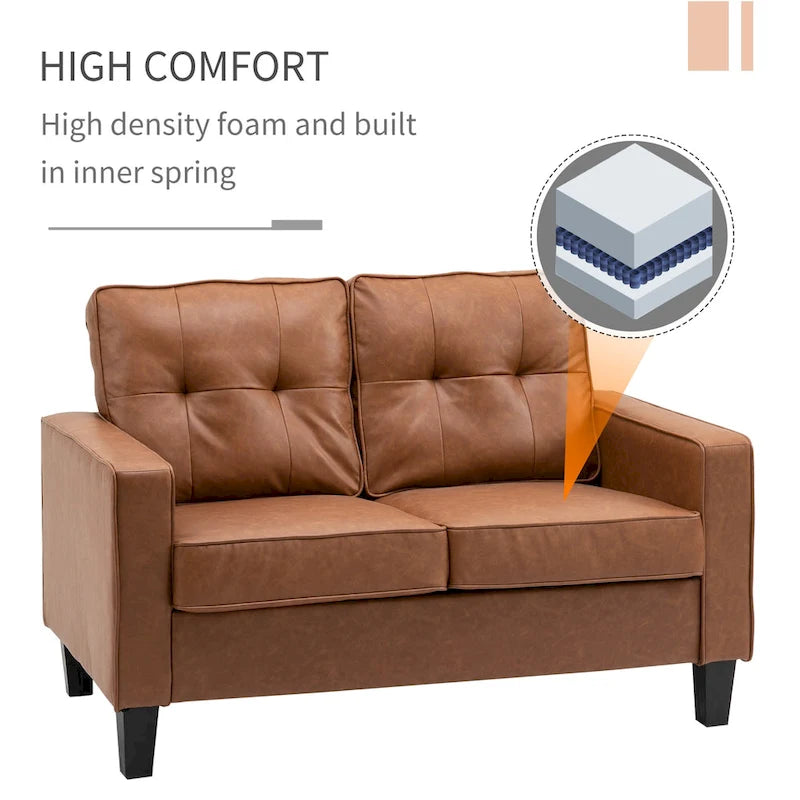 Canapé double large de 51 po avec accoudoir, 2 places, en similicuir capitonné, coussin rembourré en mousse à ressorts ensachés, marron