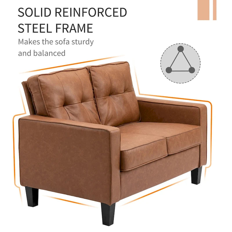 Canapé double large de 51 po avec accoudoir, 2 places, en similicuir capitonné, coussin rembourré en mousse à ressorts ensachés, marron