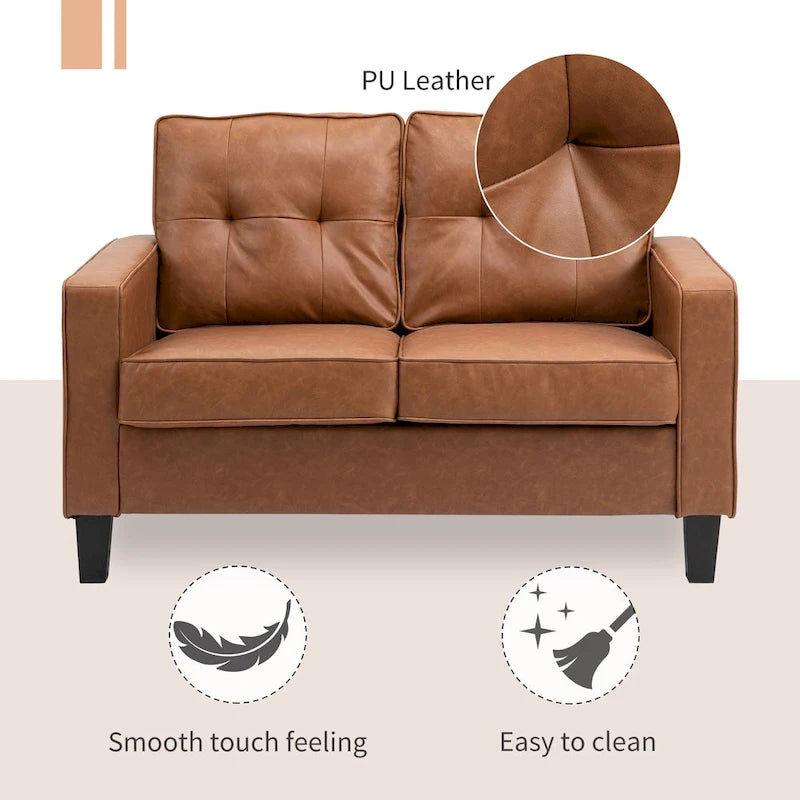 Canapé double large de 51 po avec accoudoir, 2 places, en similicuir capitonné, coussin rembourré en mousse à ressorts ensachés, marron