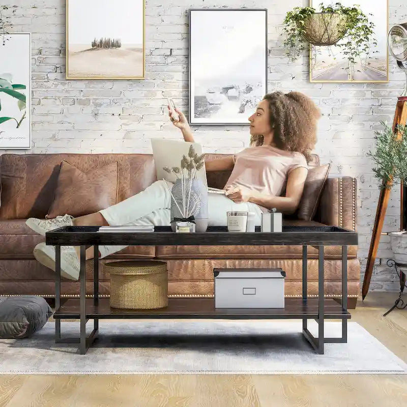 Table basse rustique noire en acier avec 1 étagère de 47 pouces