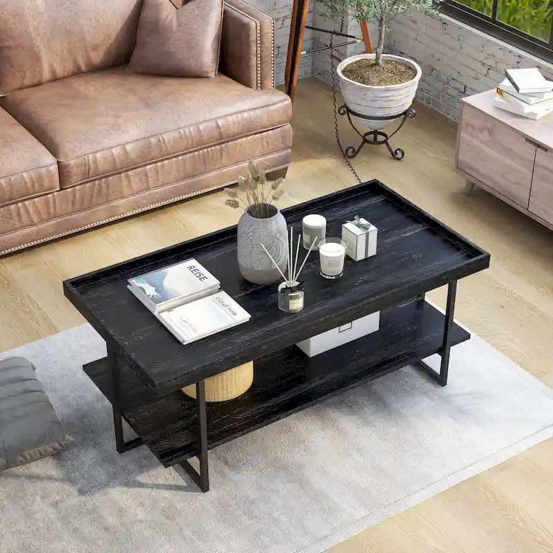 Table basse rustique noire en acier avec 1 étagère de 47 pouces