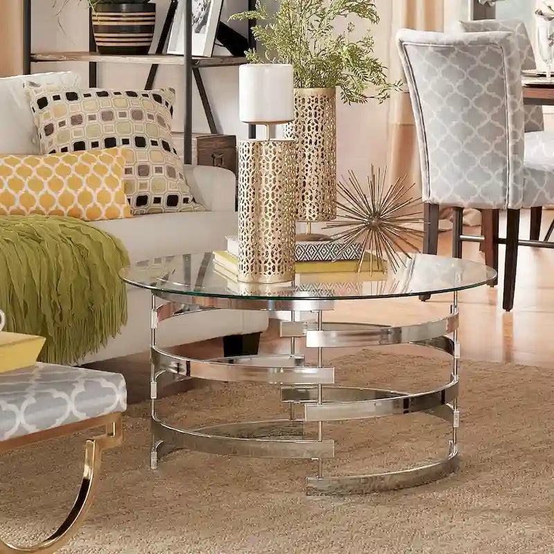 Nova Round Glass Top Vortex Iron Base Accent Table by iNSPIRE Q Bold