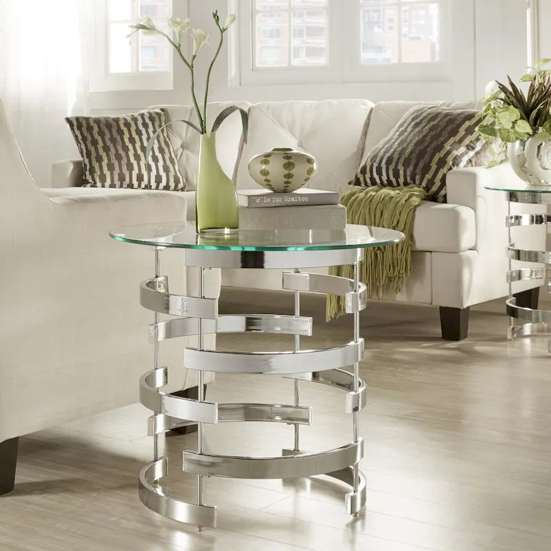 Table d'appoint à plateau en verre rond et piètement en fer motif tourbillon