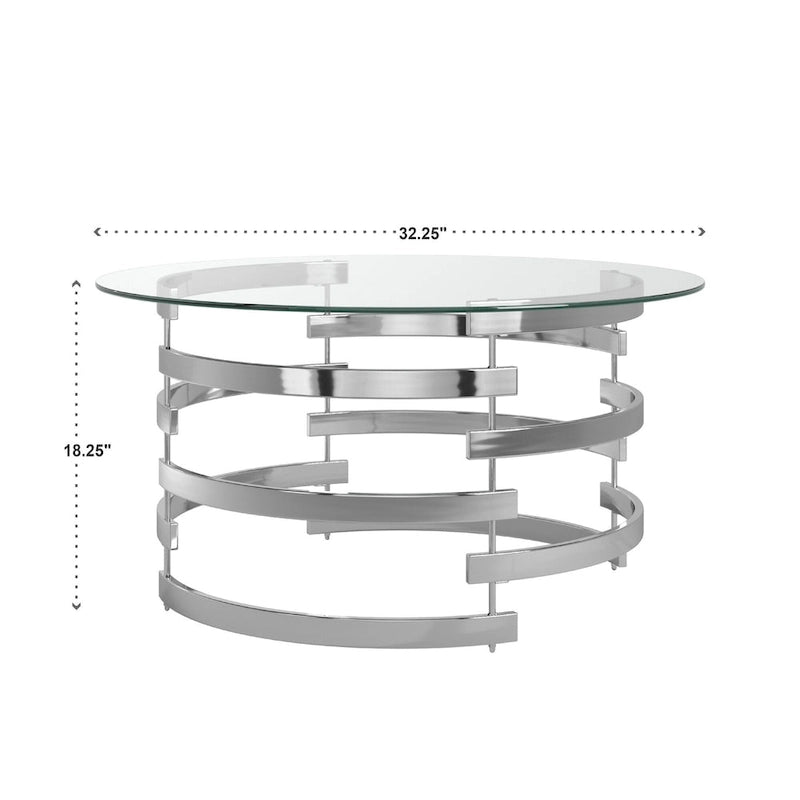 Table d'appoint à plateau en verre rond et piètement en fer motif tourbillon