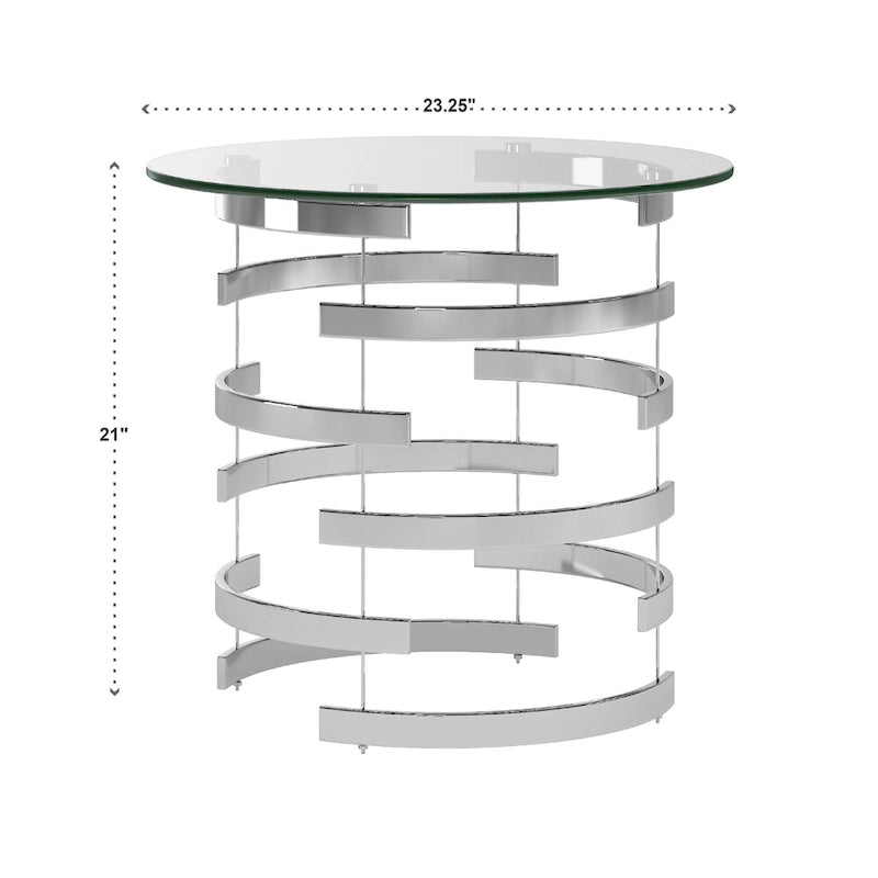 Table d'appoint à plateau en verre rond et piètement en fer motif tourbillon