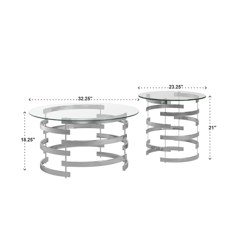 Table d'appoint à plateau en verre rond et piètement en fer motif tourbillon