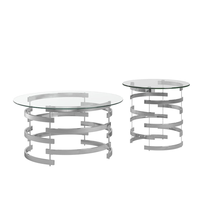 Table d'appoint à plateau en verre rond et piètement en fer motif tourbillon