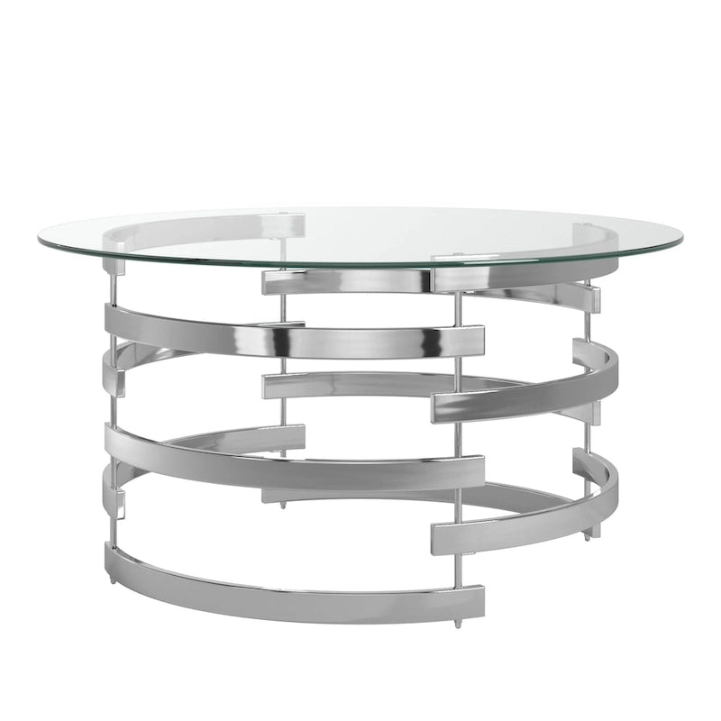 Table d'appoint à plateau en verre rond et piètement en fer motif tourbillon