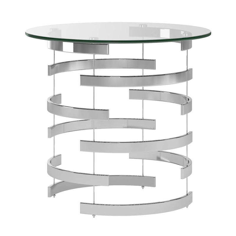 Table d'appoint à plateau en verre rond et piètement en fer motif tourbillon
