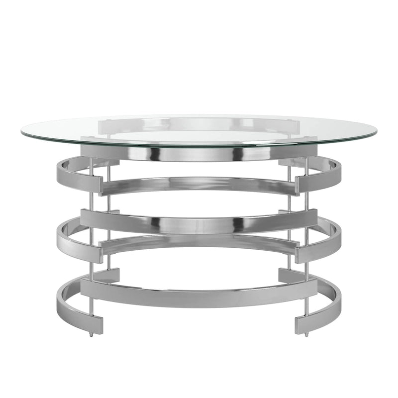 Table d'appoint à plateau en verre rond et piètement en fer motif tourbillon