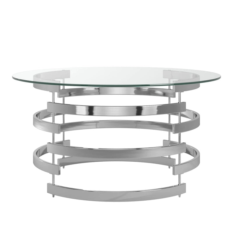 Table d'appoint à plateau en verre rond et piètement en fer motif tourbillon