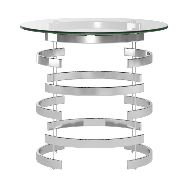 Table d'appoint à plateau en verre rond et piètement en fer motif tourbillon