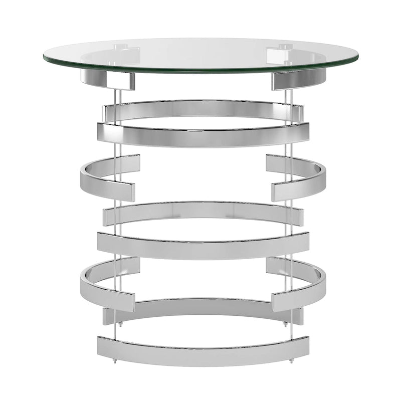 Table d'appoint à plateau en verre rond et piètement en fer motif tourbillon