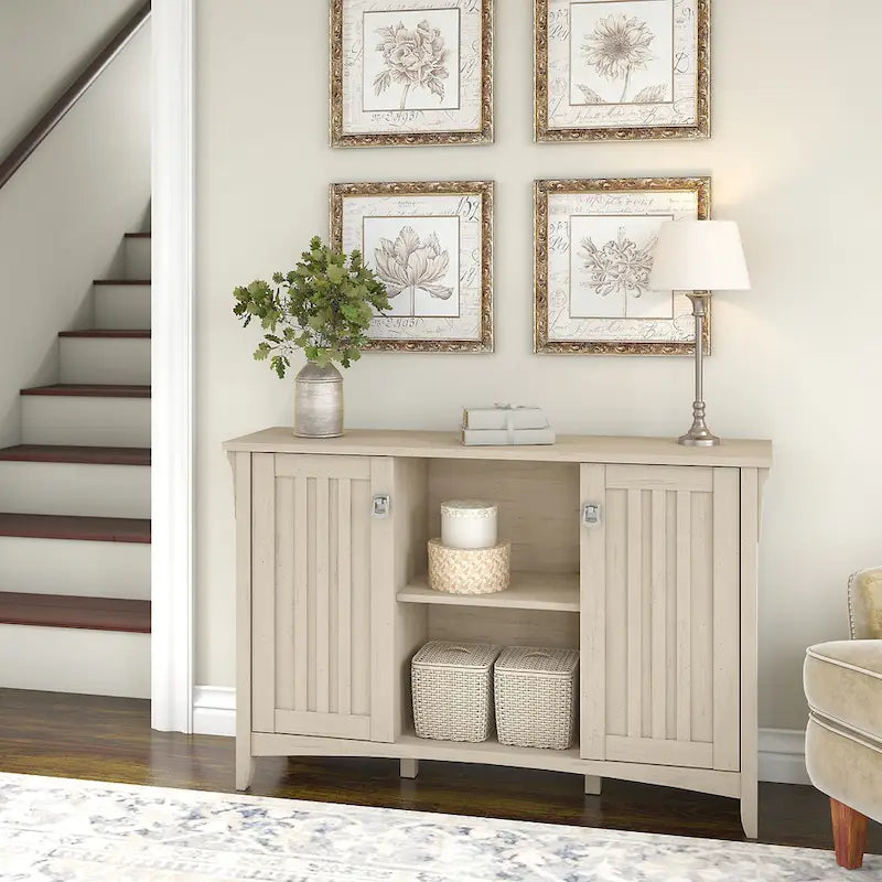 Antique White Storage Cabinet with Doors - 46.22L x 12.76W x 29.96H - 46.22L x 12.76W x 29.96H