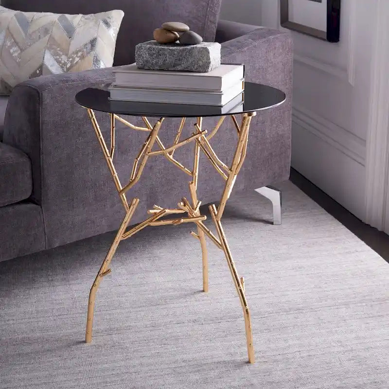 Table d'appoint or/blanc-bleu avec plateau accentué - 18 L x 18 P x 22,5 H - 18Lx18Px23H