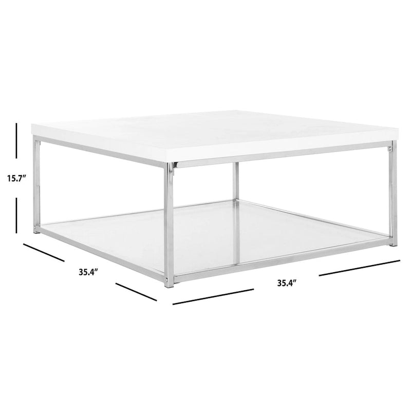 Table basse laquée blanc/chrome – 89,9 L x 89,9 P x 39,9 H cm – 35Lx35Px16H