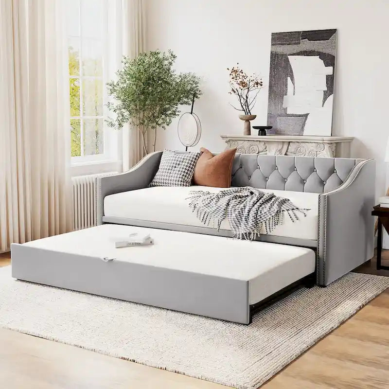 Canapé-lit rembourré pour deux personnes avec lit gigogne et système audio Bluetooth intégré de dernière génération, en molleton Teddy