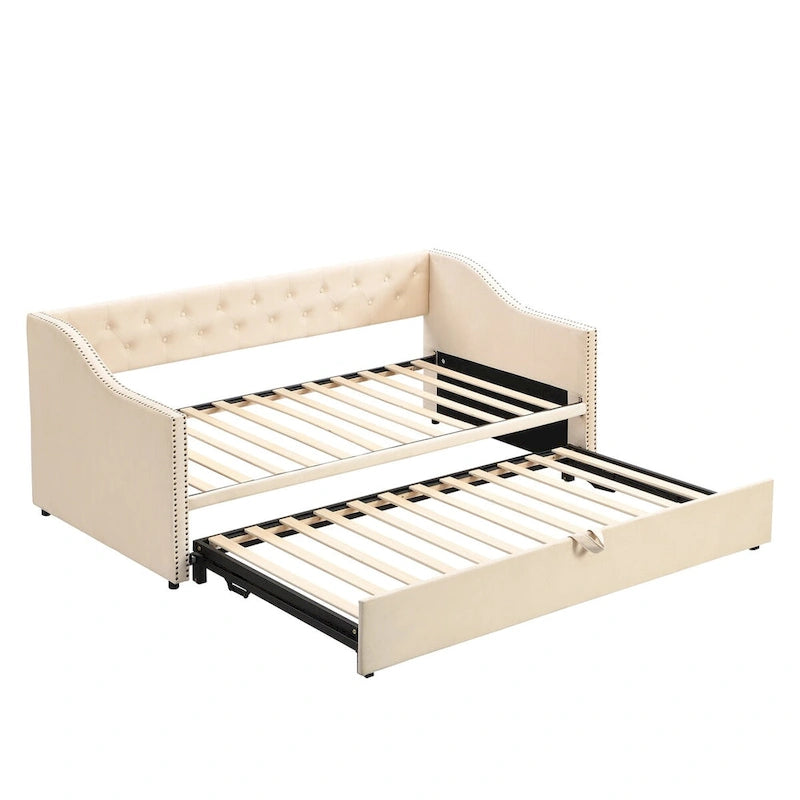 Canapé-lit rembourré pour deux personnes avec lit gigogne et système audio Bluetooth intégré de dernière génération, en molleton Teddy