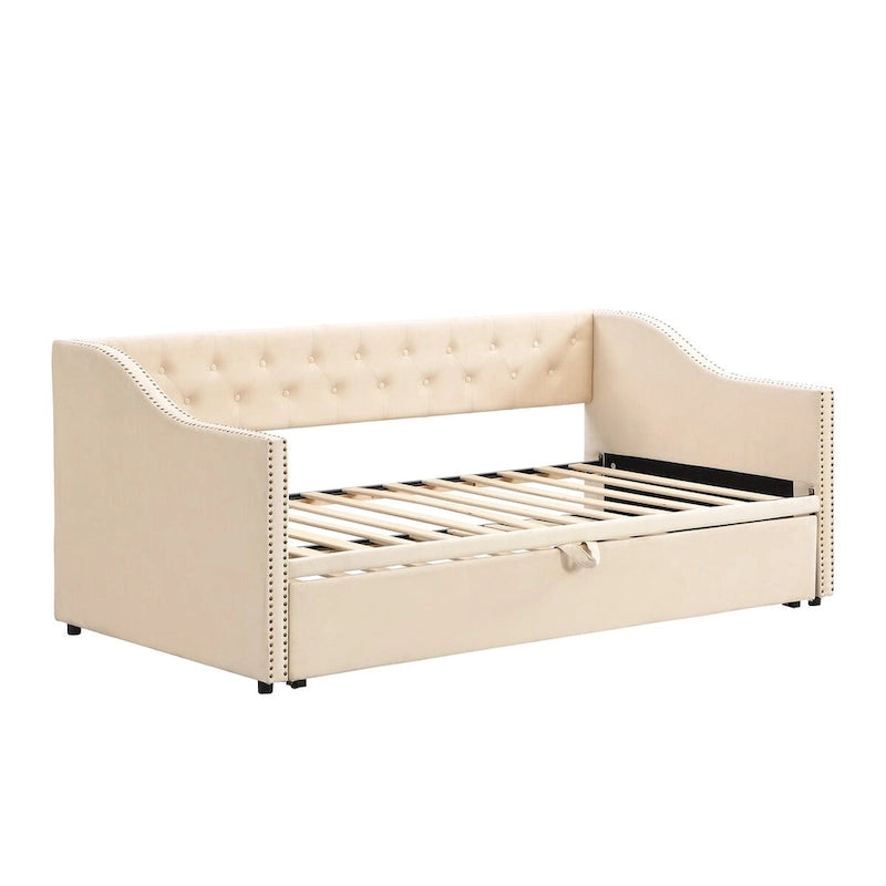 Canapé-lit rembourré pour deux personnes avec lit gigogne et système audio Bluetooth intégré de dernière génération, en molleton Teddy