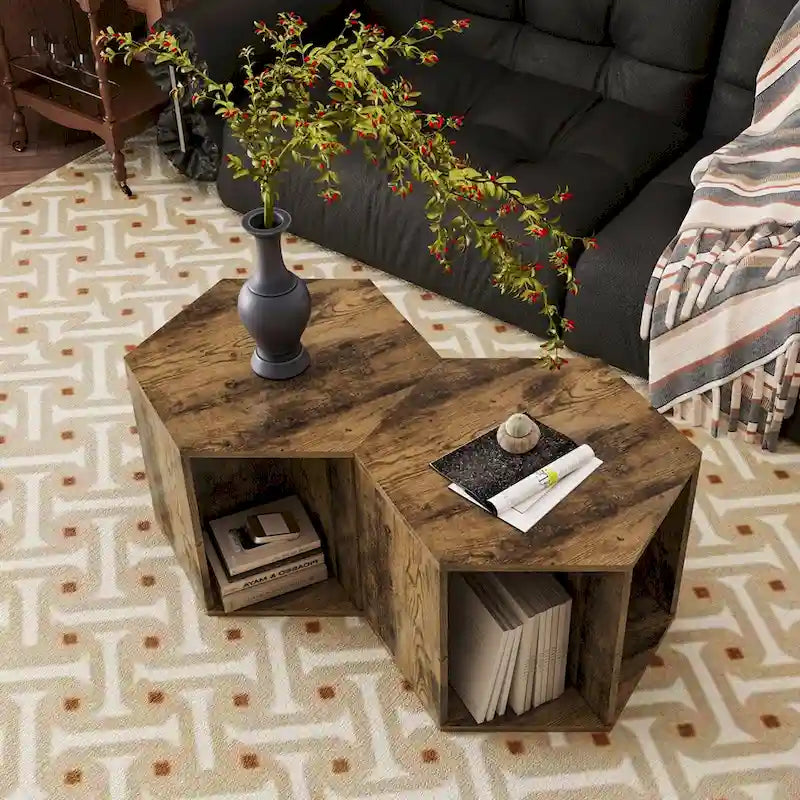 Petite table basse hexagonale avec rangement, table basse moderne unique pour salon et bureau, pour petits espaces