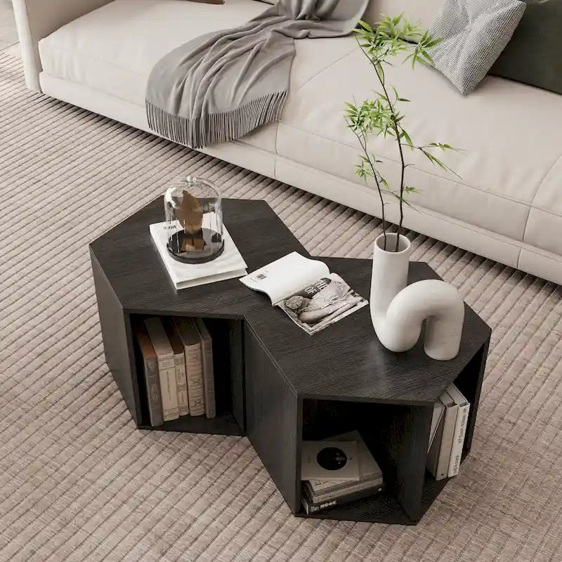 Petite table basse hexagonale avec rangement, table basse moderne unique pour salon et bureau, pour petits espaces
