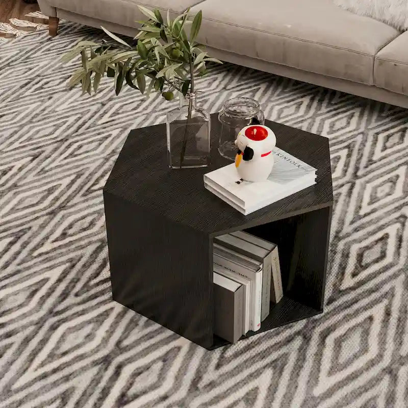 Petite table basse hexagonale avec rangement, table basse moderne unique pour salon et bureau, pour petits espaces