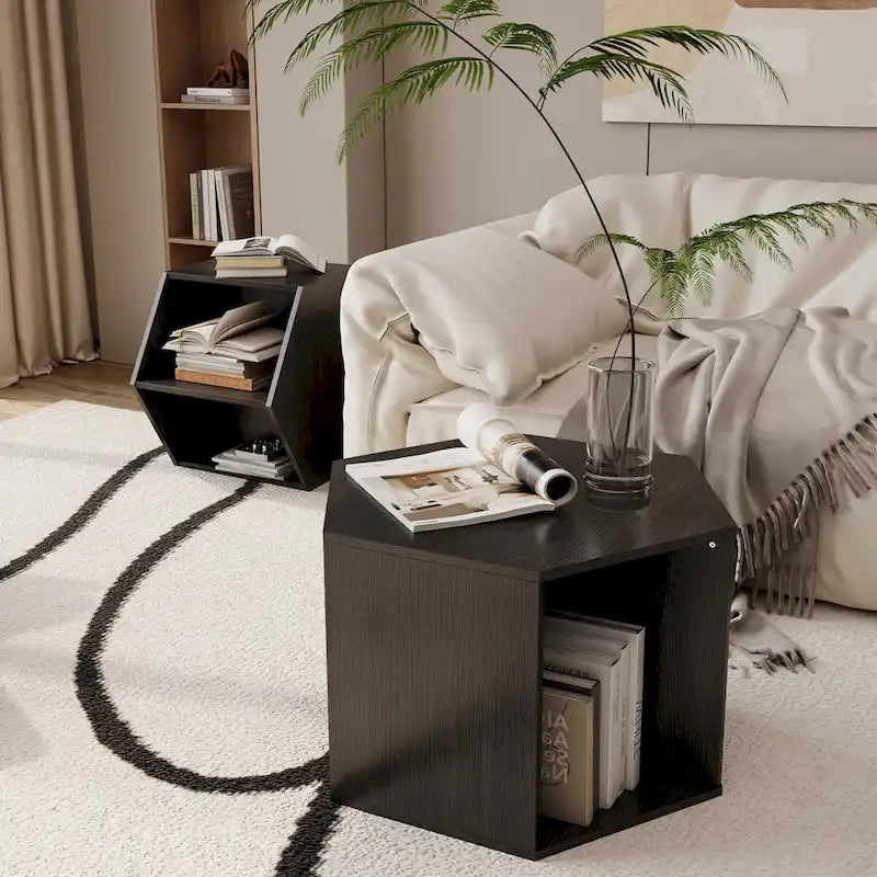 Petite table basse hexagonale avec rangement, table basse moderne unique pour salon et bureau, pour petits espaces