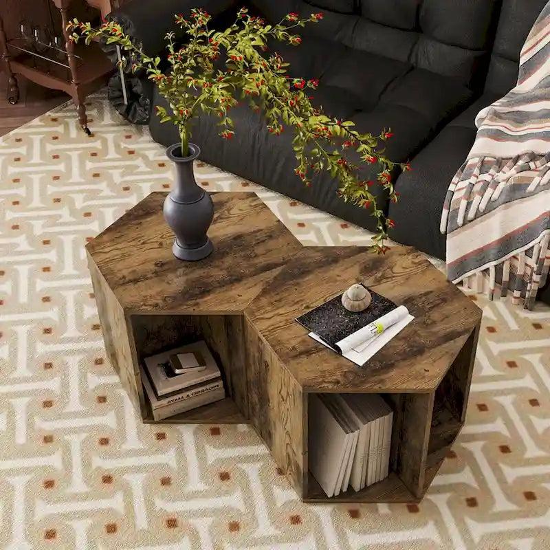 Petite table basse hexagonale avec rangement, table basse moderne unique pour salon et bureau, pour petits espaces