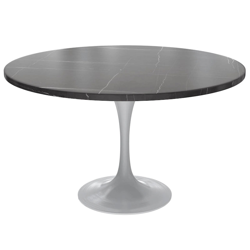 Table à Manger Ronde avec Plateau en Pierre et Piètement en Acier Blanc pour Cuisine & Salle à Manger