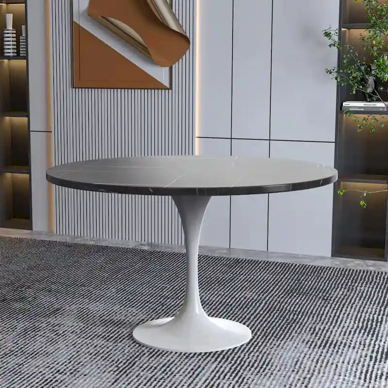 LeisureMod Verve 48 Round Dining Table with Stone TableTop and White Steel Base for Kitchen & Dining Room