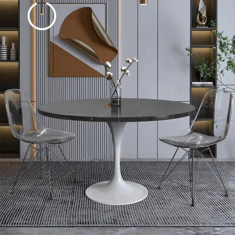 Table à Manger Ronde avec Plateau en Pierre et Piètement en Acier Blanc pour Cuisine & Salle à Manger