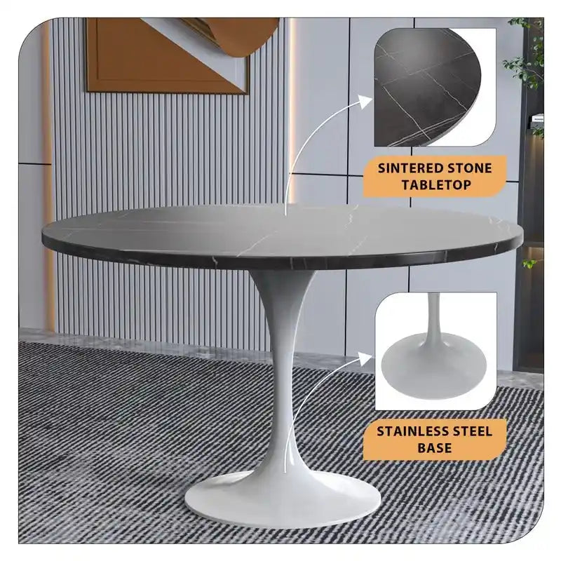 Table à Manger Ronde avec Plateau en Pierre et Piètement en Acier Blanc pour Cuisine & Salle à Manger