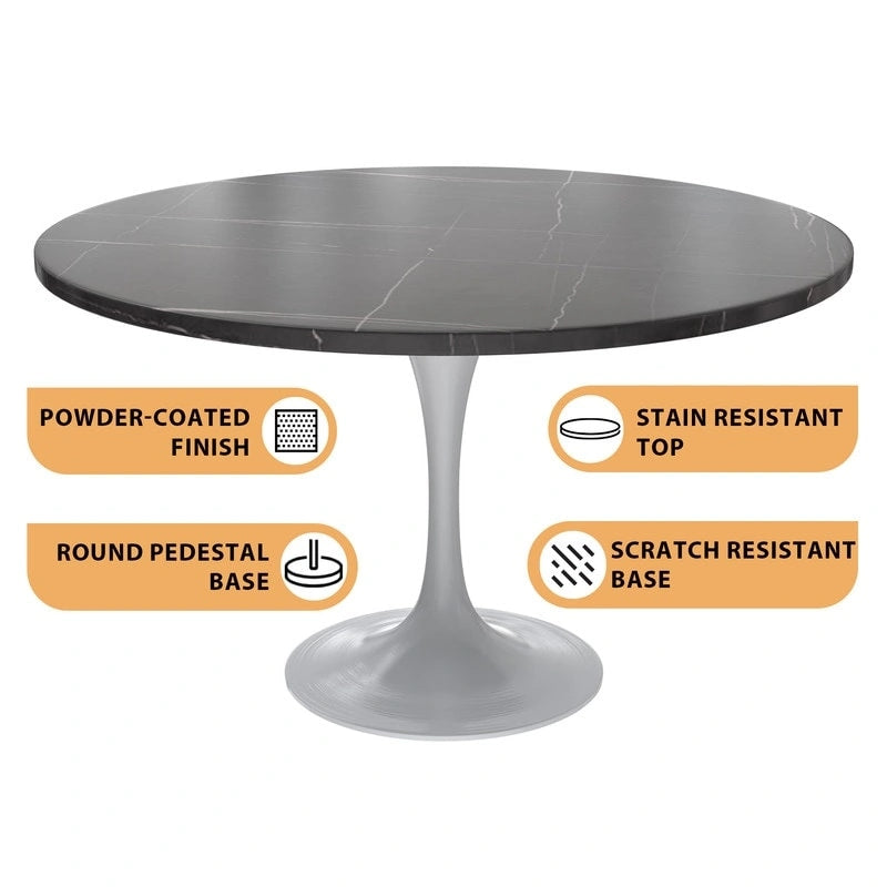 Table à Manger Ronde avec Plateau en Pierre et Piètement en Acier Blanc pour Cuisine & Salle à Manger