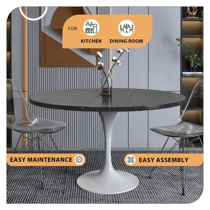 Table à Manger Ronde avec Plateau en Pierre et Piètement en Acier Blanc pour Cuisine & Salle à Manger