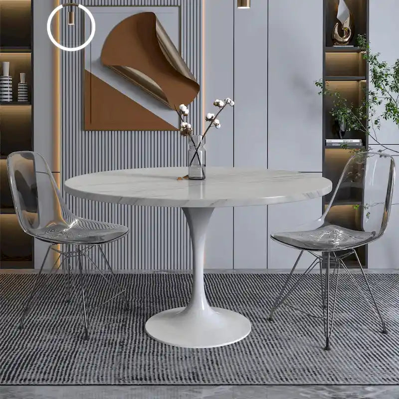 Table à Manger Ronde avec Plateau en Pierre et Piètement en Acier Blanc pour Cuisine & Salle à Manger