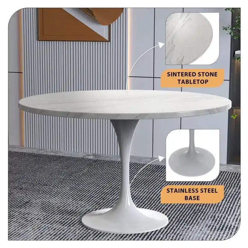 Table à Manger Ronde avec Plateau en Pierre et Piètement en Acier Blanc pour Cuisine & Salle à Manger
